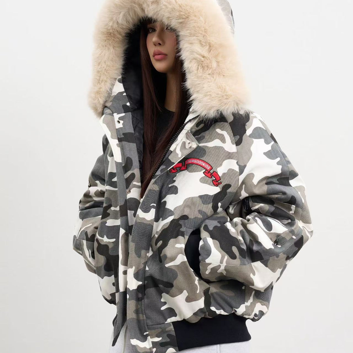 AFGK Camouflage Fur Collar Cotton Jacket