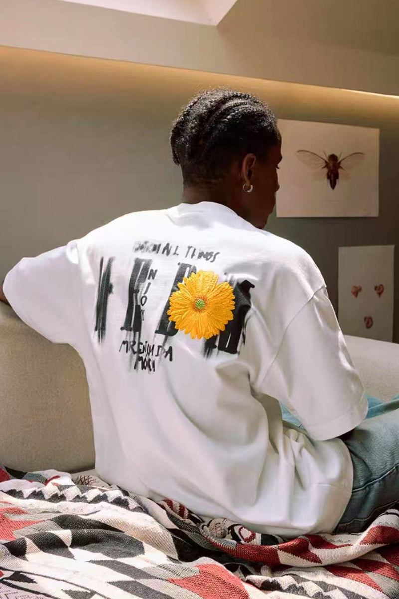 MEDM Mottled Logo Floral Embroidery Short-sleeved T-shirt