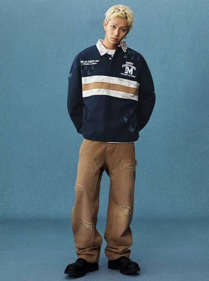 MEDM Contrast Color Striped Polo Long-sleeve T-shirt