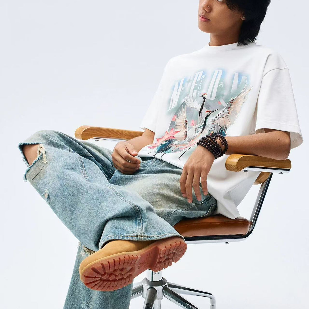 MEDM White Ink Crane Printed Short-sleeve T-shirt