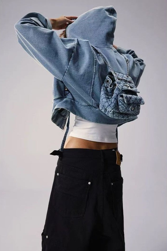 REMEDY Retro Distressed Washed Denim Backpack Hooded Jacket (For Women)