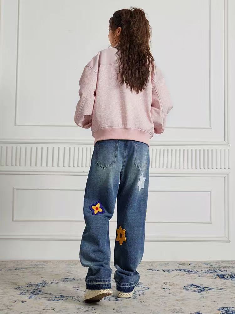 ACHOCK Creative Letter Petal Embroidered Jeans