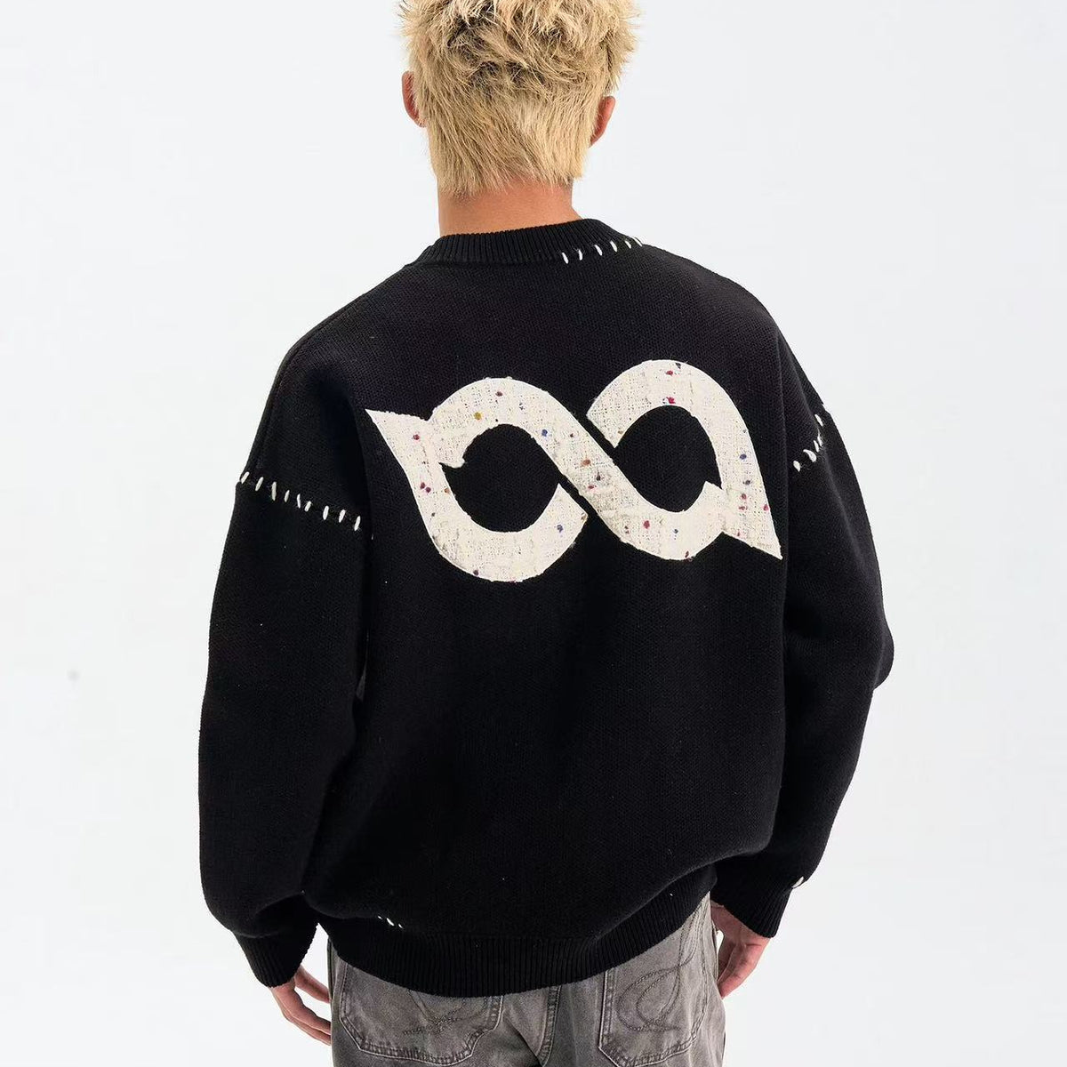 BIPOLAR Patch Embroidered Round Neck Pullover Sweater