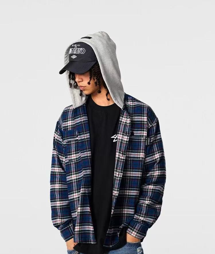 ACHOCK Contrast Blue Plaid Hooded Long-sleeve Shirt