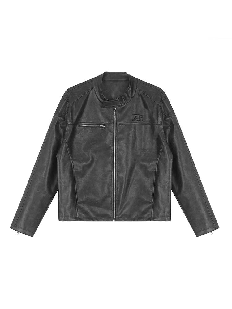 ACHOCK Stand Collar Slim Fit Leather Jacket