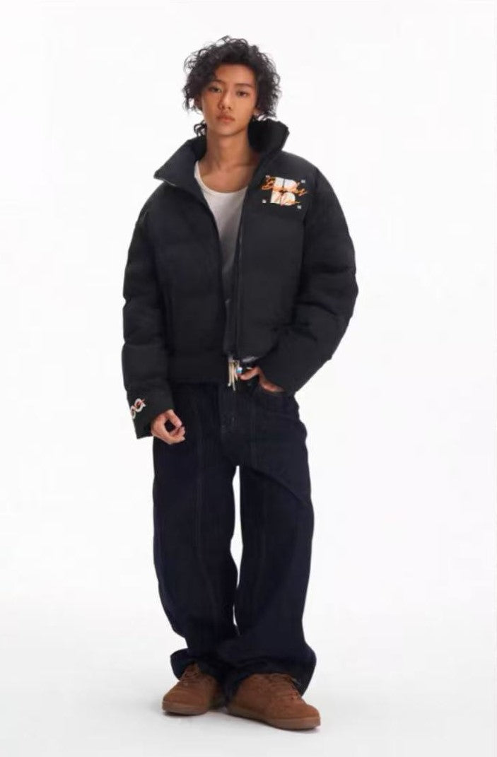 BIPOLAR Contrast Color Embroidered Letters Down Jacket