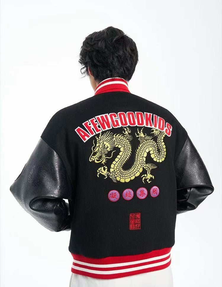 AFGKxCLOTTEE Dragon Pattern Embroidered Wool Varsity Jacket