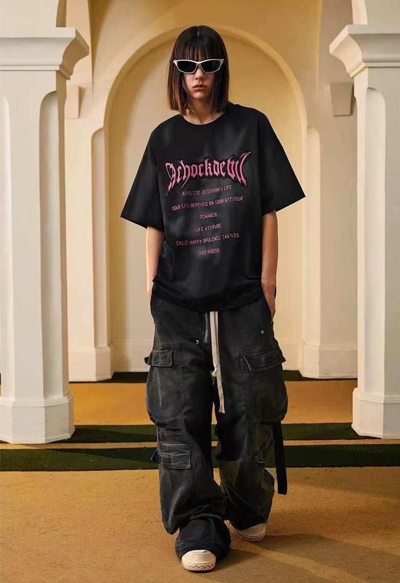 ACHOCK Embroidered Washed Black Distressed T-shirt