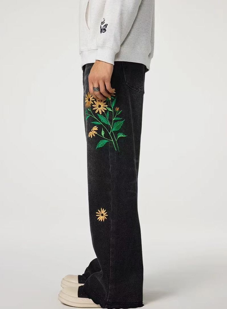 ACHOCK Heavy Wash Floral Embroidered Jeans