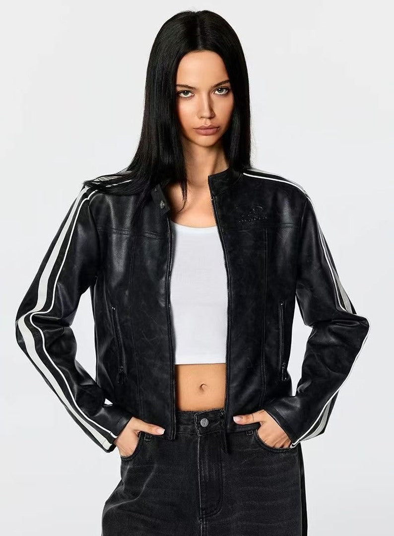 ACHOCK Leather Striped Motorcycle Jacket (For Women)