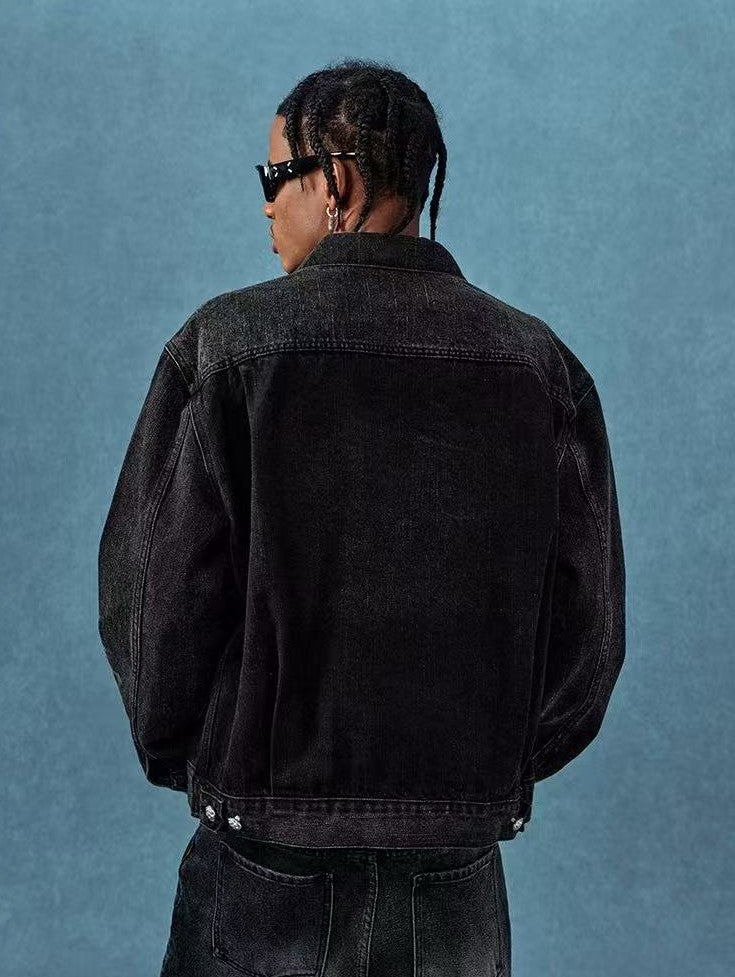 MEDM Leather Patch Distressed Washed Denim Jacket