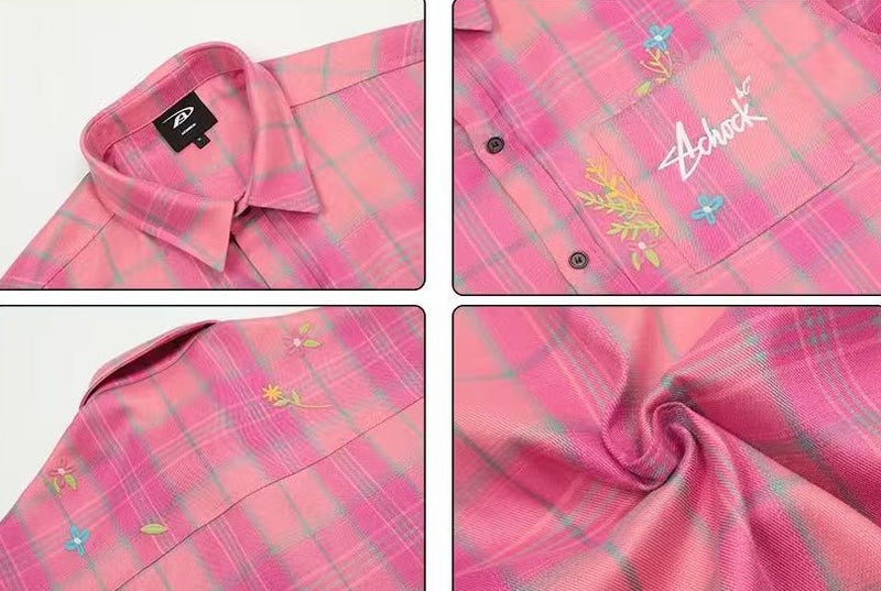 ACHOCK Vintage Floral Embroidered Plaid Long-sleeve Shirt