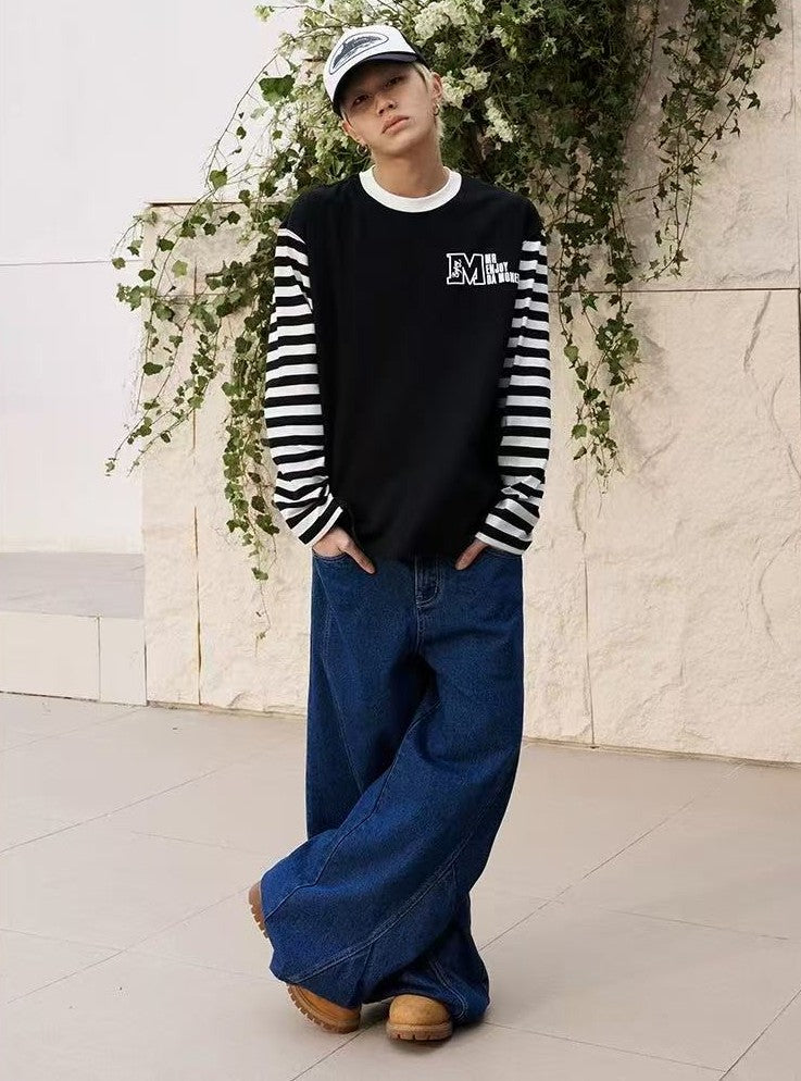 MEDM Contrast Collar Striped Long-sleeve T-Shirt
