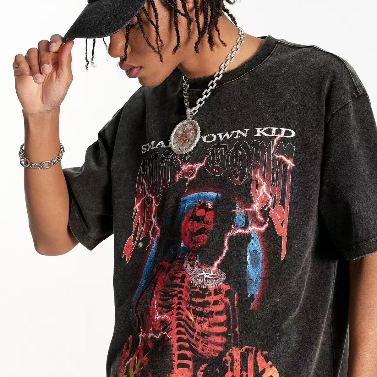 STK Washed Skull Print Crew Neck T-Shirt
