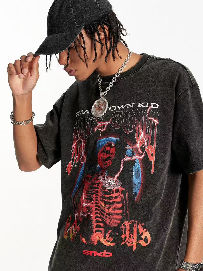 STK Washed Skull Print Crew Neck T-Shirt