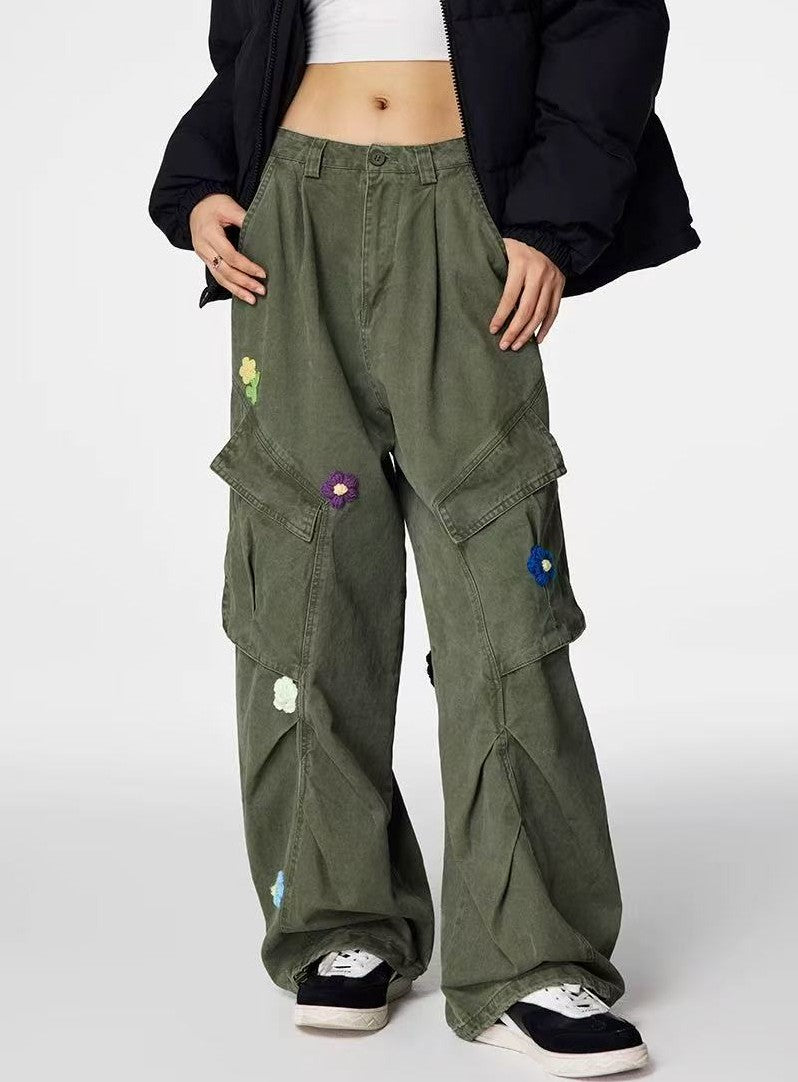 ACHOCK Vintage Multi-pocket Floral Embroidered Paratrooper Pants