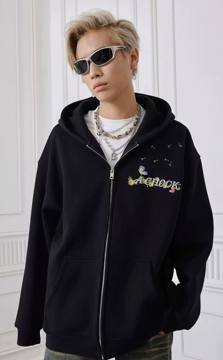 ACHOCK Heavy Floral Embroidered Zipper Sweatshirt
