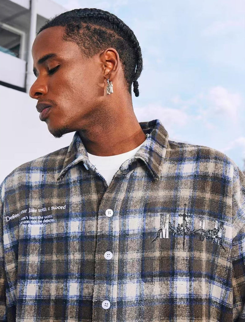 MEDM Washed Distressed Rose and Sword Plaid Long-sleeve Shirt