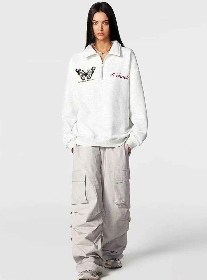 ACHOCK Butterfly Appliqué Polo Zipper Sweatshirt