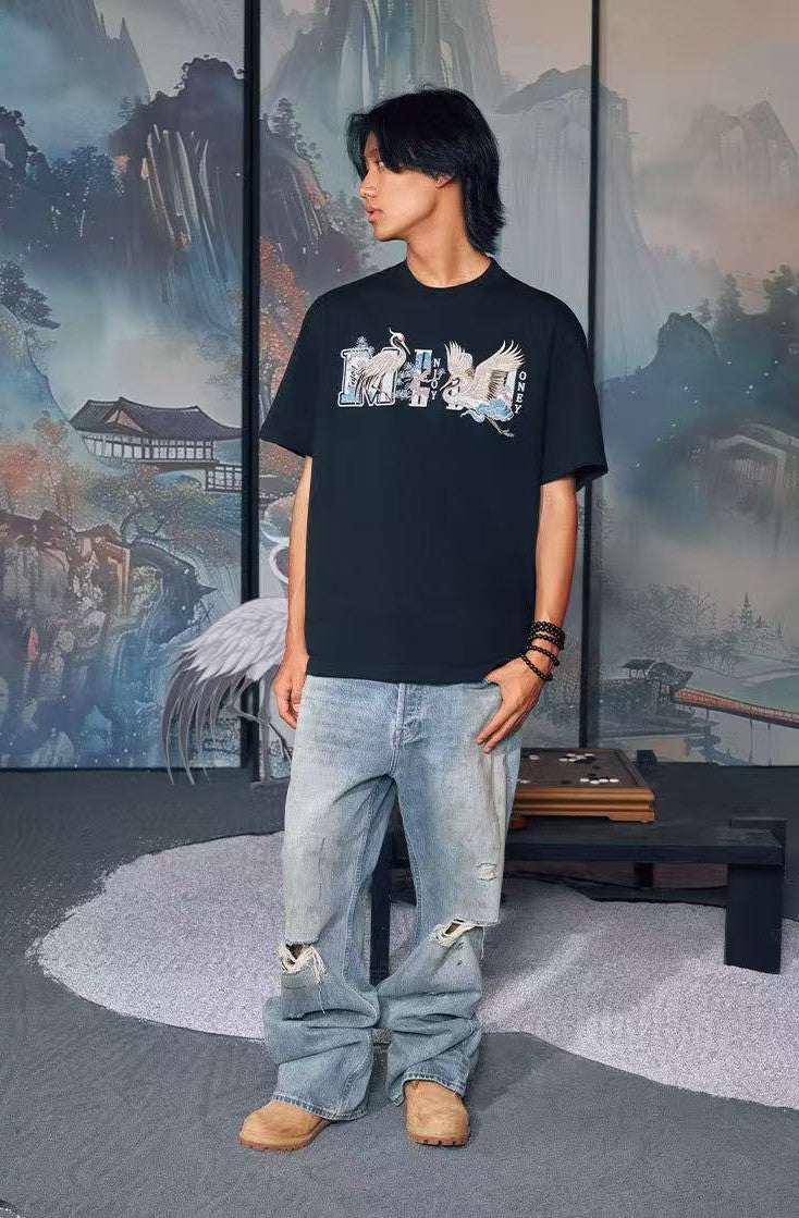 MEDM Crane Embroidered Short-sleeve T-shirt