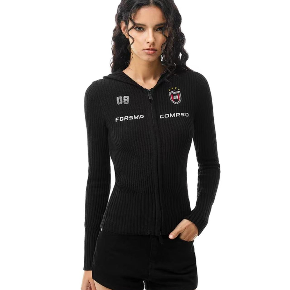 FDR Slim Fit Badge Knitted Zipper Hoodie (For Women)