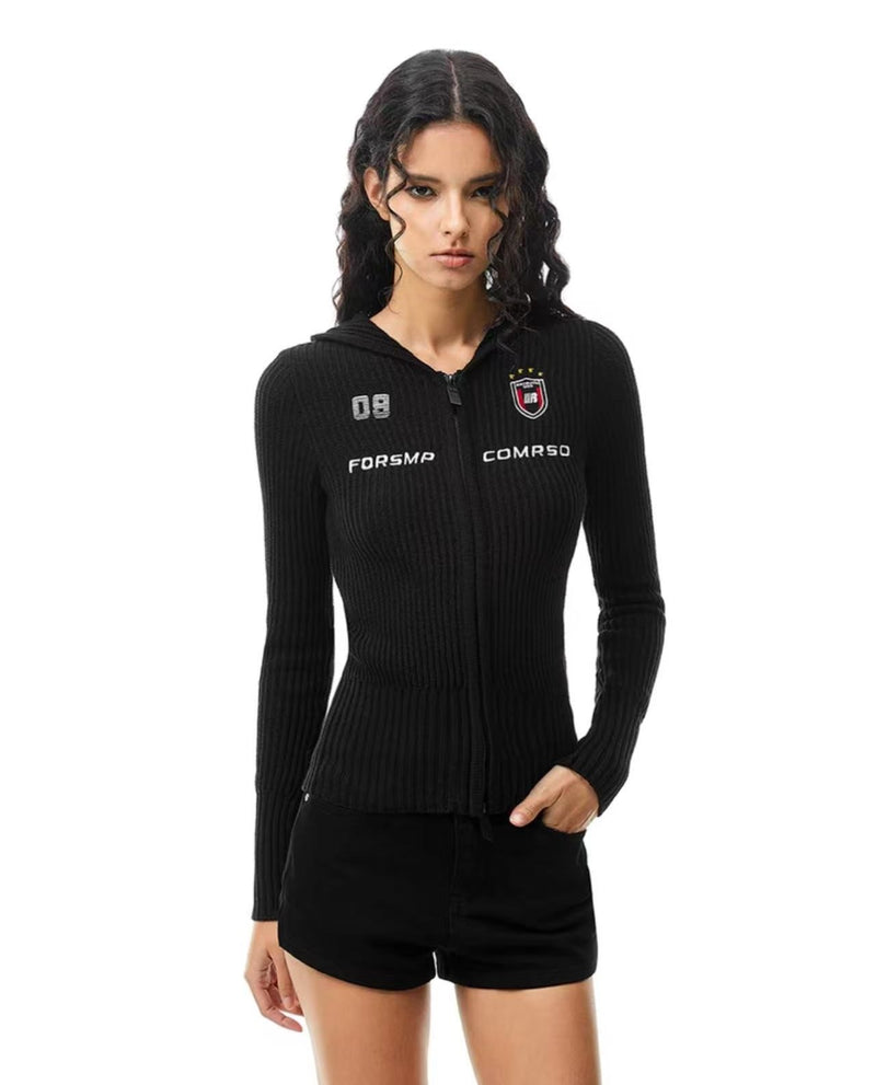FDR Slim Fit Badge Knitted Zipper Hoodie (For Women)