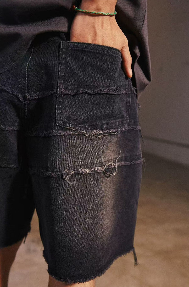 REMEDY Destroyed Fringe Paneled Denim Shorts