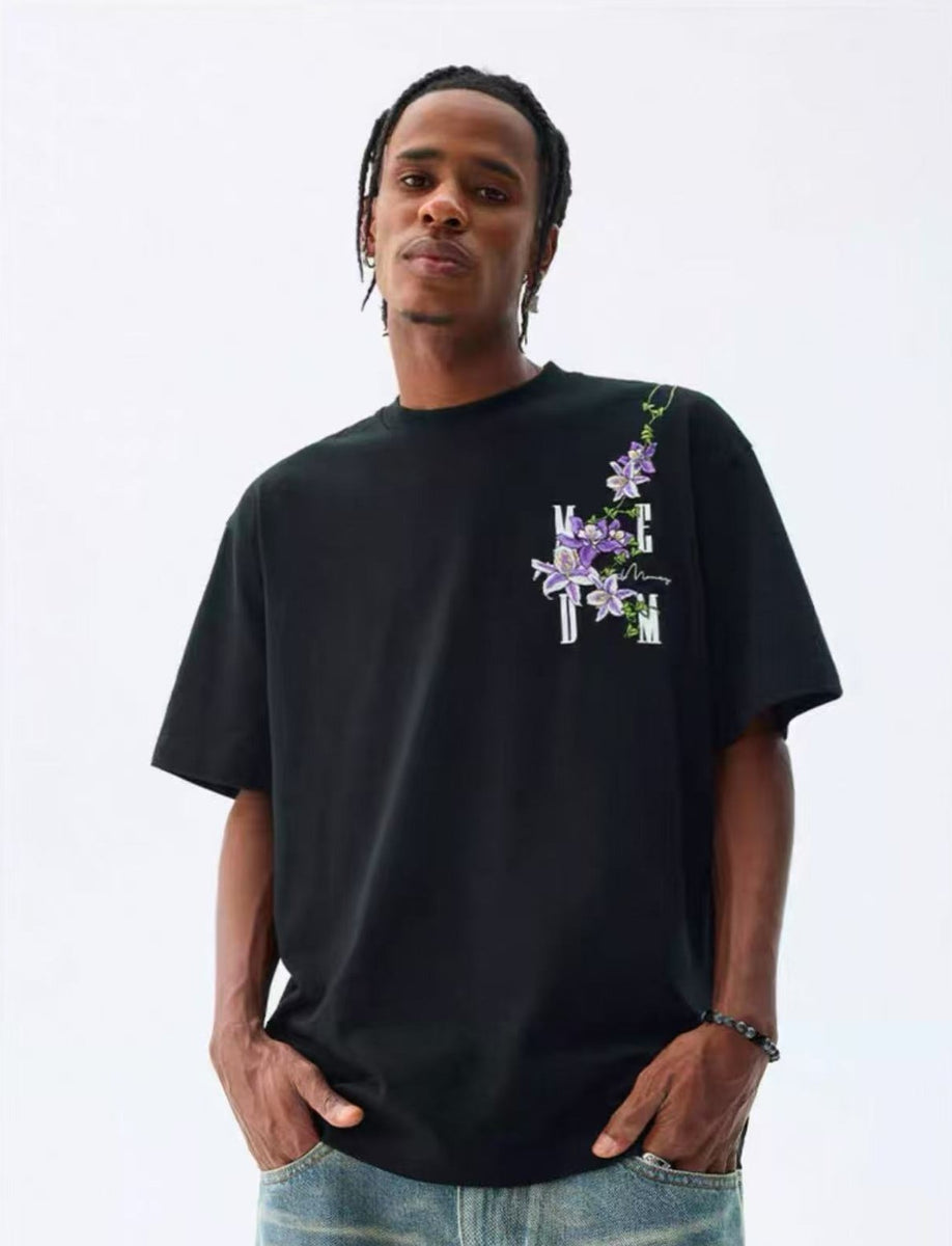 MEDM Vine and Flower Embroidered Short-sleeved T-shirt