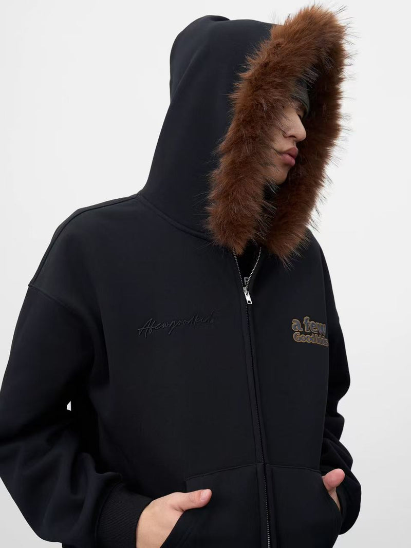 AFGK Retro Fur Collar Embroidered Hooded Cardigan Sweatshirt