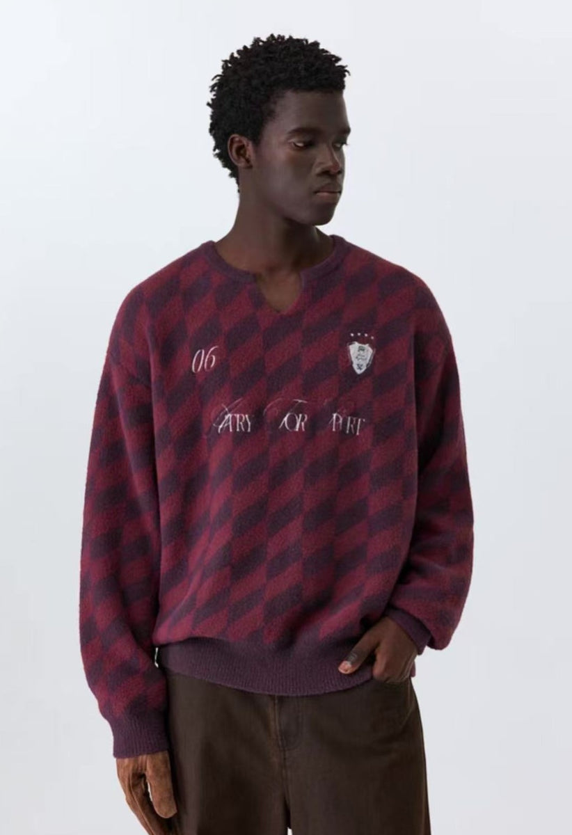 ATRY Sport Contrasting Diamond Plaid Small V-neck Sweater