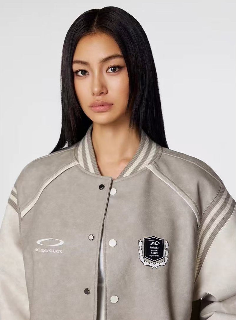 ACHOCK Logo Embroidered Retro Color Block Baseball Leather Jacket