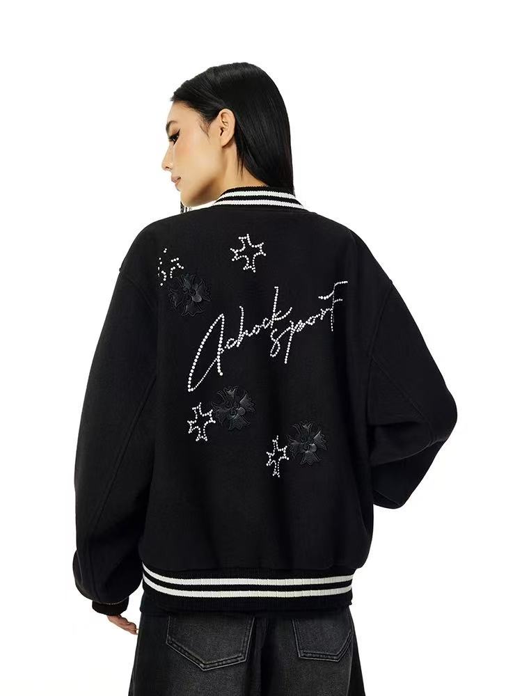 ACHOCK Heavy Embroidered Pearl Design Baseball Jacket