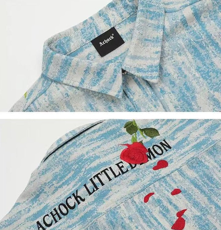 ACHOCK Rose Embroidery Washed Distressed Long-sleeve Shirt