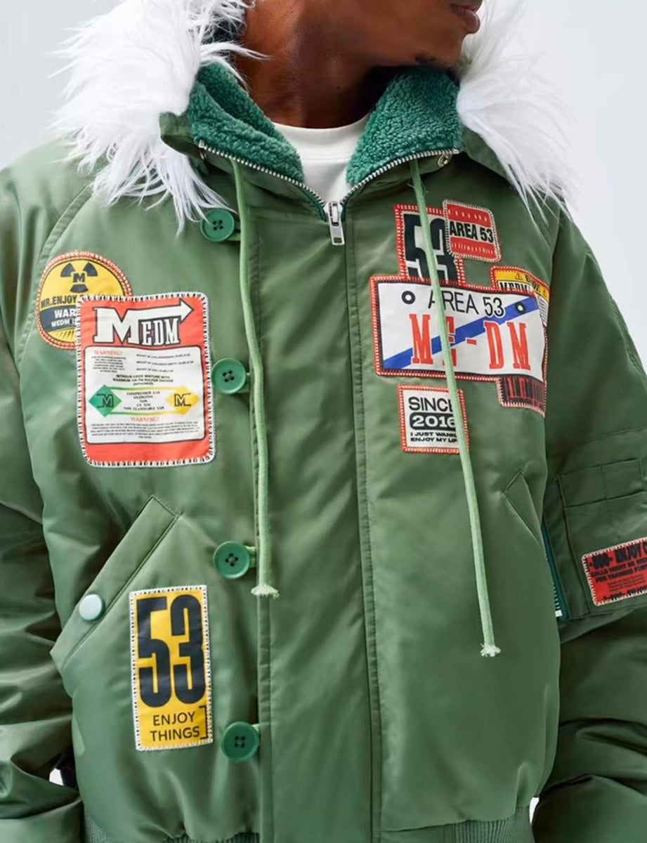 MEDM MA1 Down Jacket with License Plate Patch and Fur Collar Hood