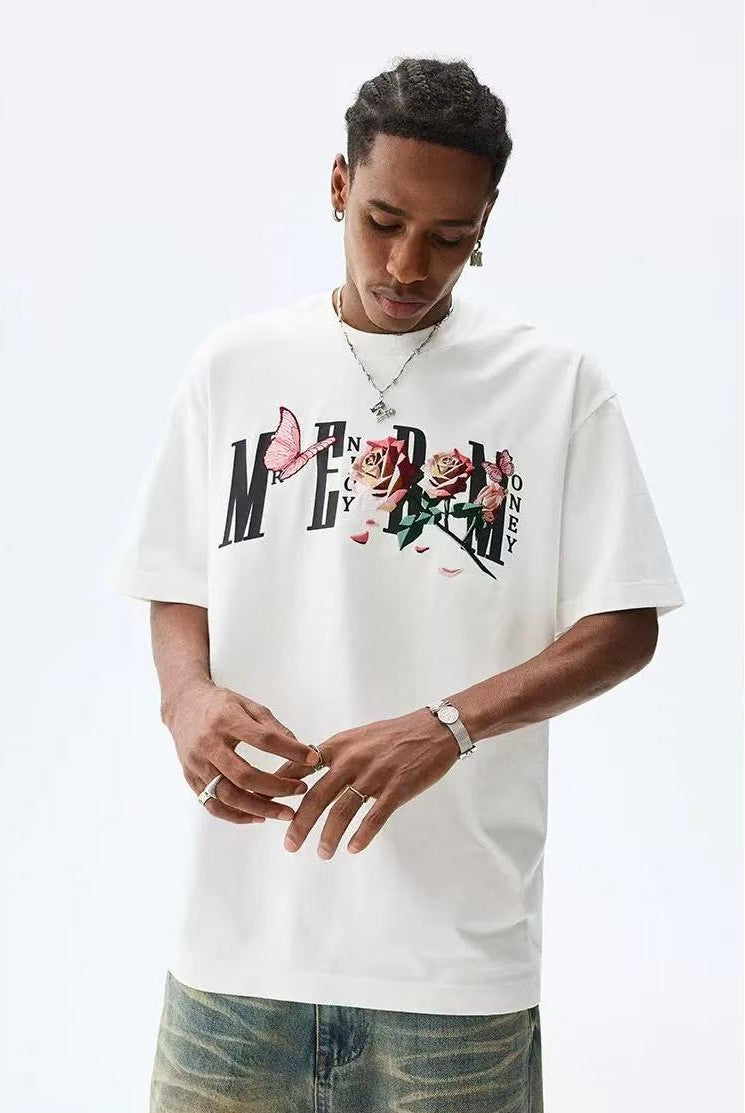 MEDM Origami Slice Rose Butterfly Embroidered Short-sleeved T-shirt