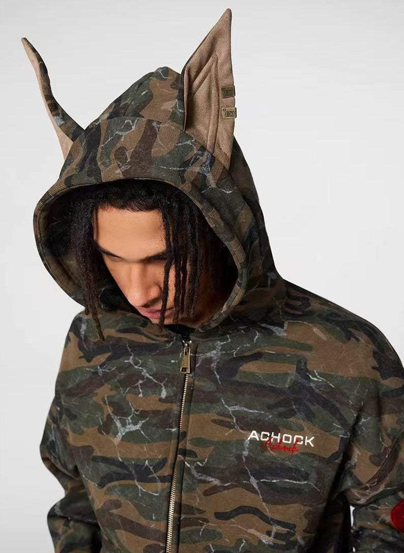 ACHOCK Camouflage Doberman Ear Hooded Fleece Cardigan Sweatshirt