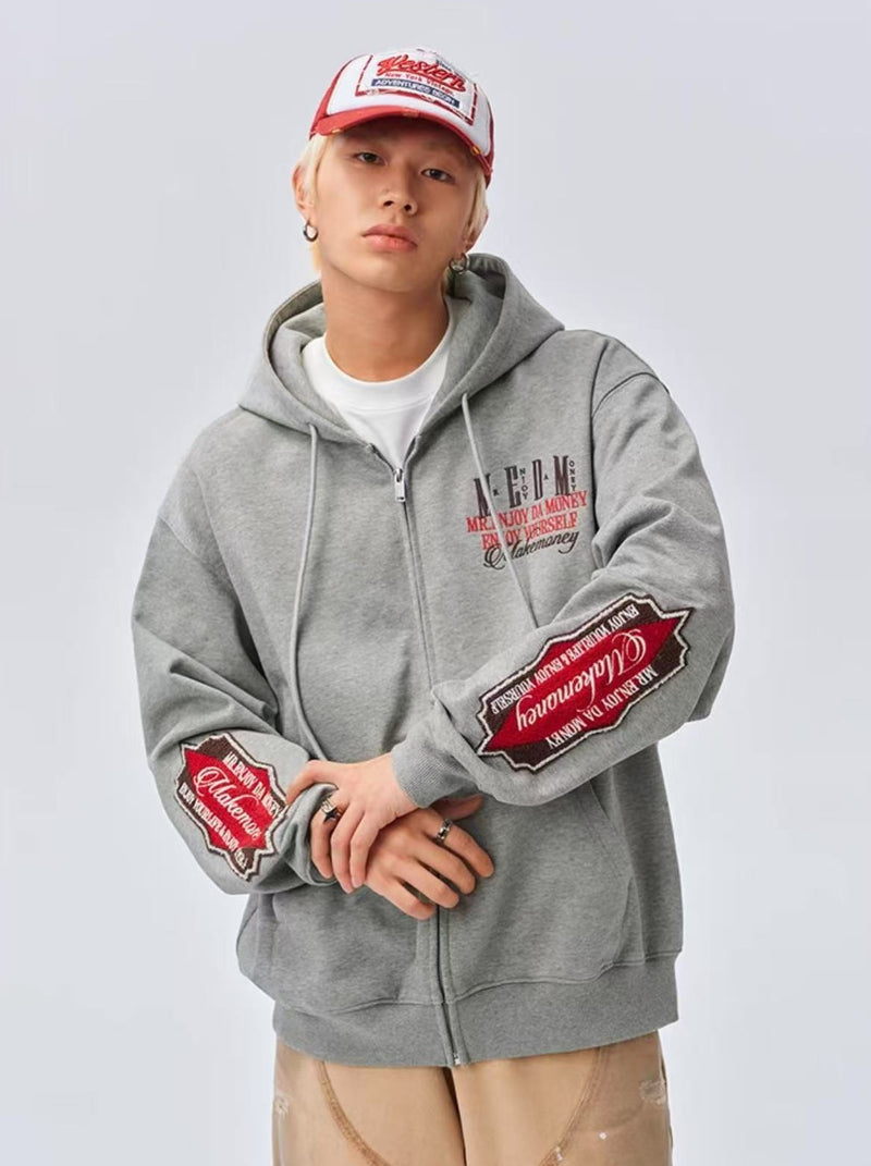 MEDM Retro Typography Embroidered Zipper Hoodie