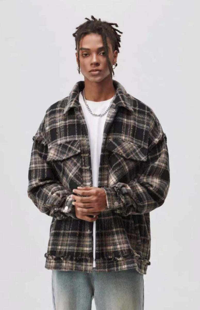 ATRY Washed Distressed Vintage Plaid Raw Edge Jacket
