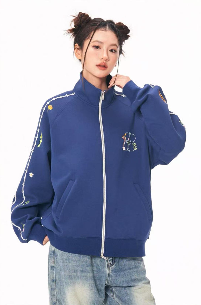 BIPOLAR Floral Embroidered Zipper Sweatshirt