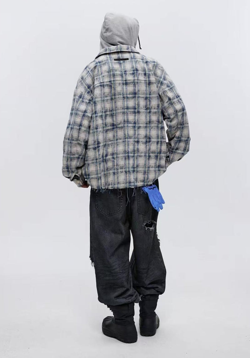 ATRY Irregular Raw Edge Plaid Shirt