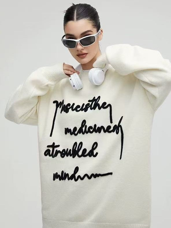 ACHOCK Embroidered Monogram Letter Pullover Sweater