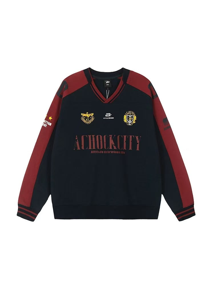ACHOCK Retro V-neck Logo Design Sweatshirt