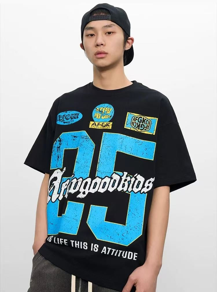 AFGK Retro Distressed Logo Print Short-sleeved T-shirt