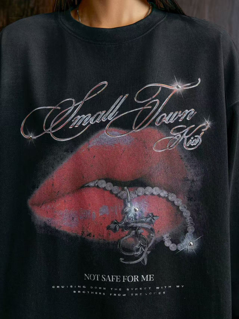 STK Vintage Dirty Wash Glitter Lip Long-Sleeve T-Shirt