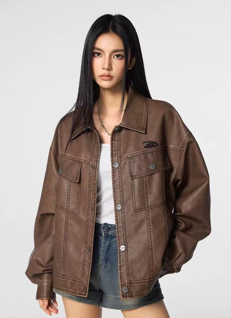 ACHOCK Vintage Washed Lapel Leather Jacket