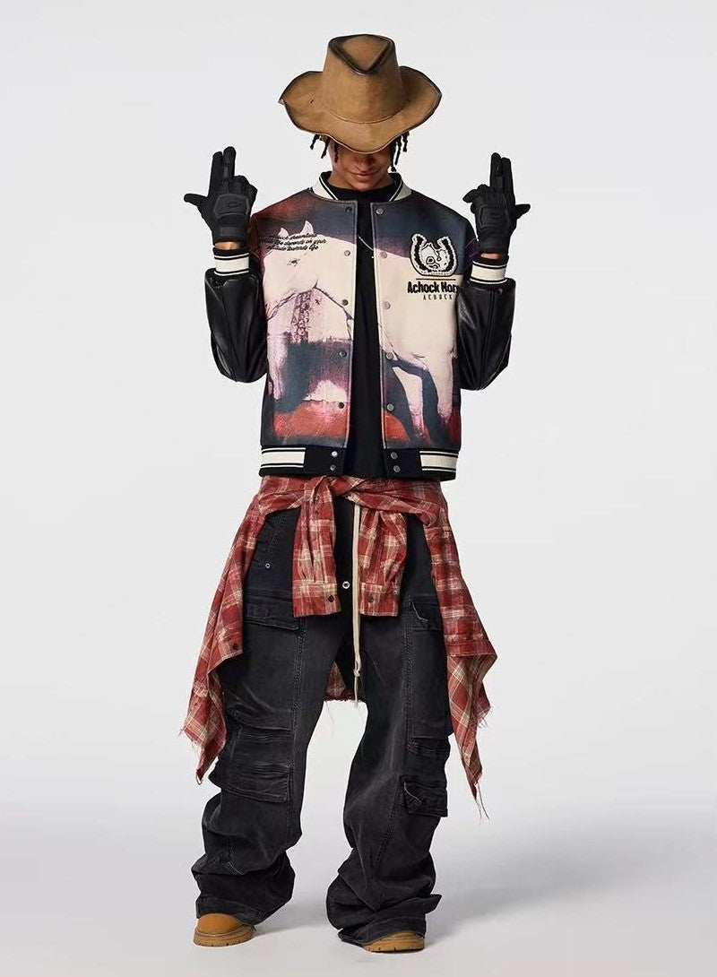 ACHOCK Vintage Western Cowboy Full Printing Hot Drill Jacket
