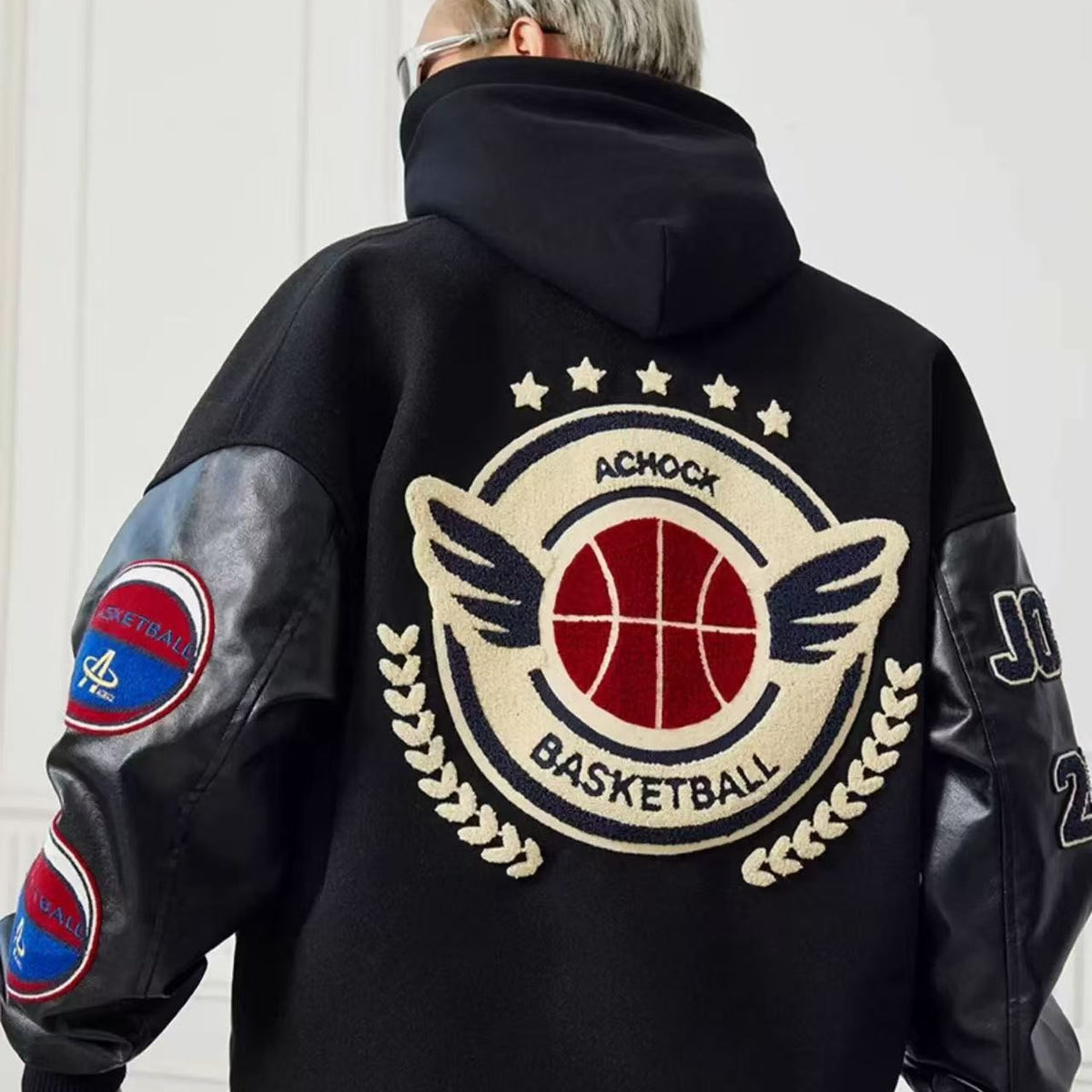 ACHOCK Hip-hop Heavy Letters Embroidery Varsity Jacket