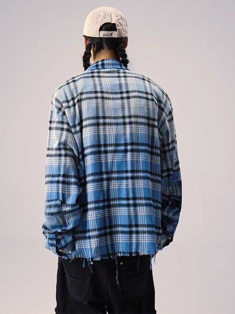REMEDY Washed Gradient Long-sleeved Plaid Shirt