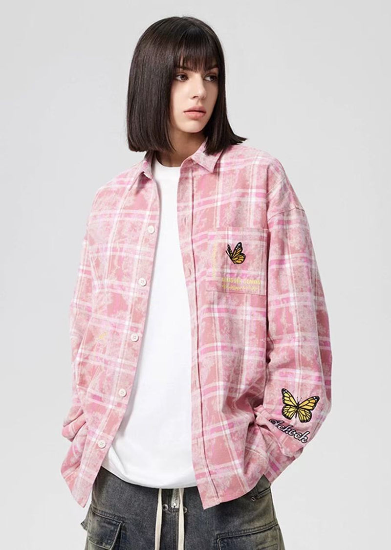 ACHOCK Washed Butterfly Embroidered Long-sleeved Shirt