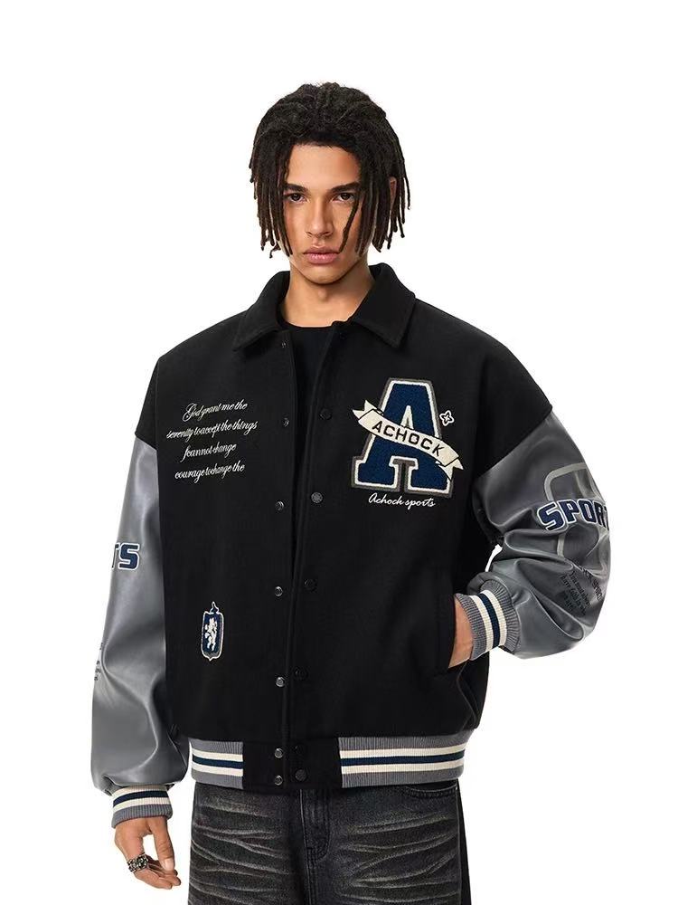 ACHOCK Embroidered Lapel Vintage Baseball Jacket
